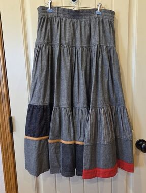 Vintage Justin B. Jones Tiered Denim Patchwork Maxi Skirt - Boho Prairie Size 14